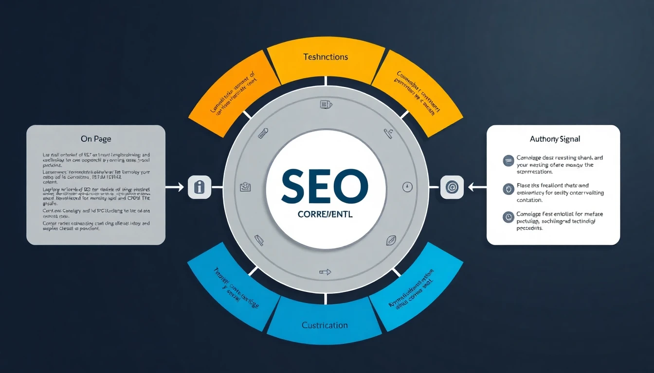 SEO optimization core components diagram showing on-page technical content and authority signals
